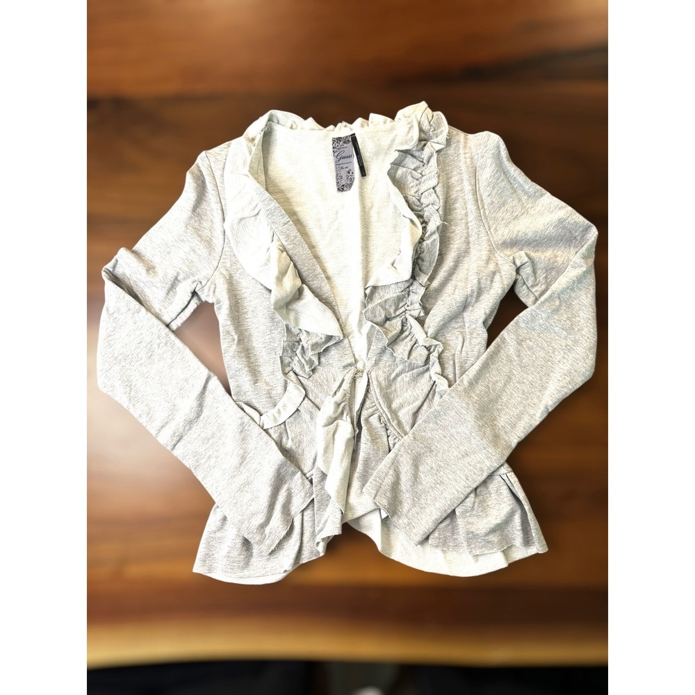 Guess Gray Ruffle Front Open Knit‎ Cardigan Jacket Women's Top Y2K Whimsigoth